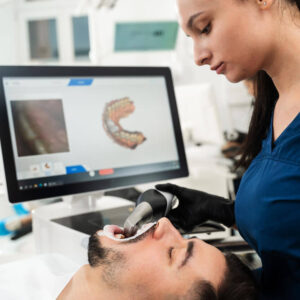 Processo de aplicação de scanner dental 3D Impressão digital dos dentes do paciente com scanner dental digital 3D