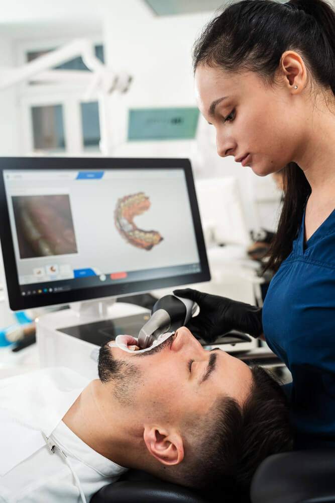 Processo de aplicação de scanner dental 3D Impressão digital dos dentes do paciente com scanner dental digital 3D