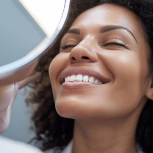 imagem do rosto mulher sorrindo, após procedimento de estética dentária